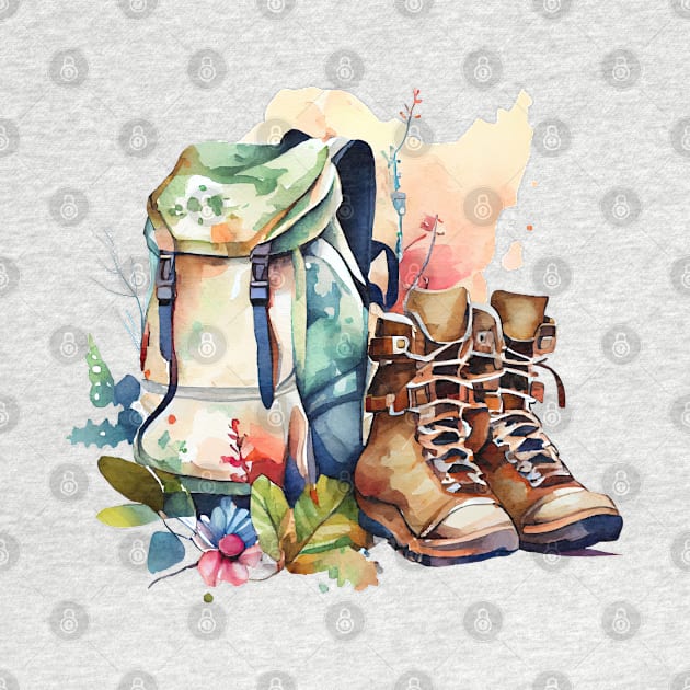 Backpack And Boots Watercolor Style Hiking Scene by RKP'sTees